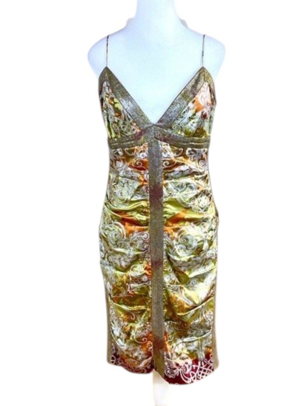 Nicole Miller Silk Dress Tapestry Patterned Shimmer Gold Green (10)